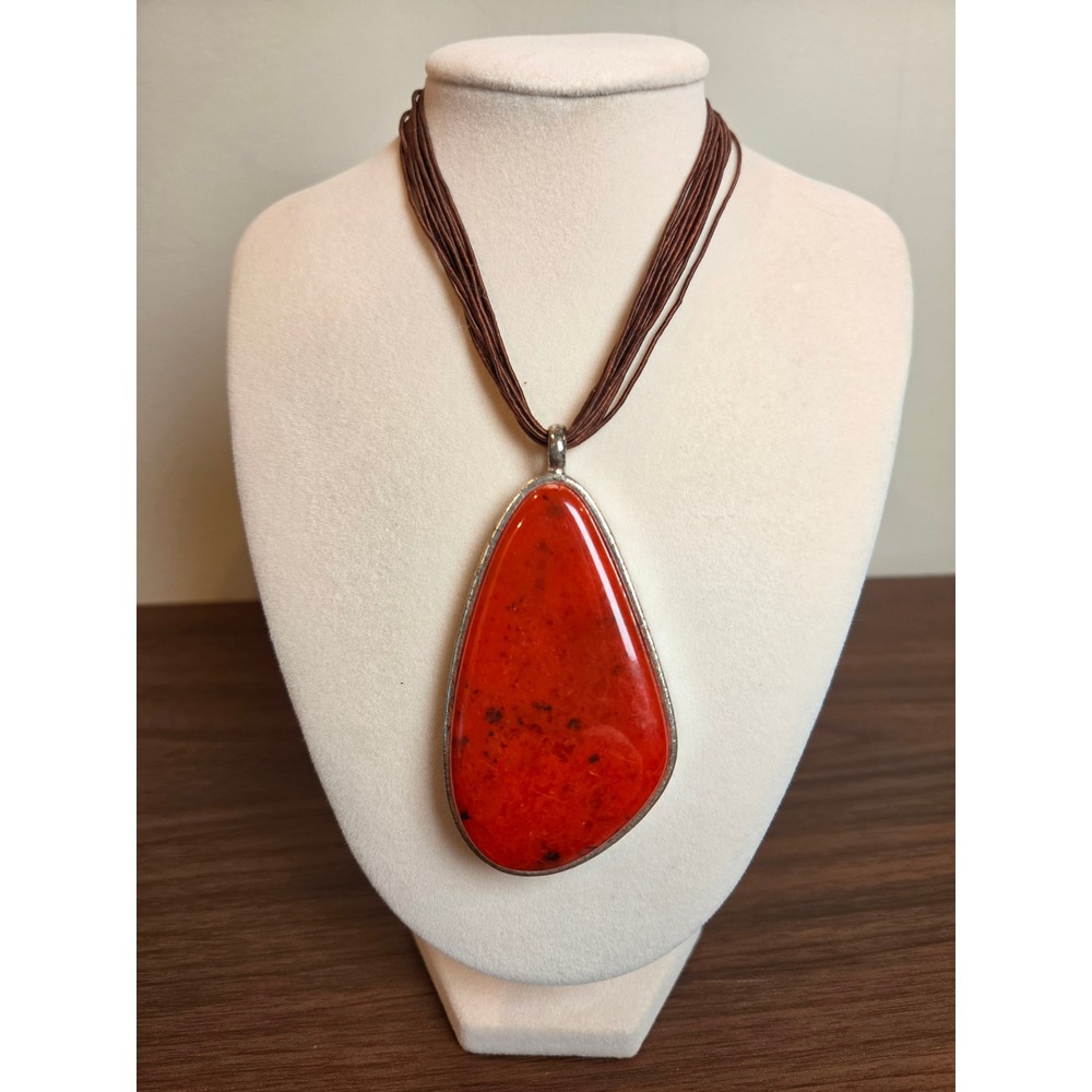 Red Stone Teardrop Pendant Multi Strand Brown Necklace Silver Tone whiimsigoth